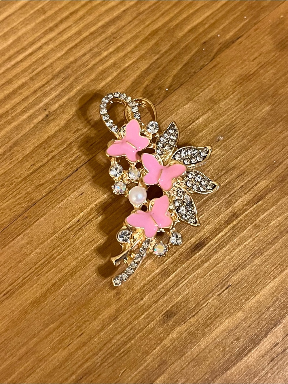 Pink enamel butterfly with pearl, clear & abalone rhinestones brooch 1 3/4”